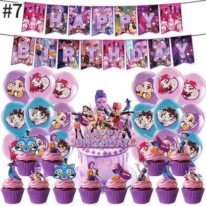 Hot Kpop Demon Birthday Party Decoration Huntrix Kpop Anime Birthday Party Supplies Hunter Group Cake Topper Balloons Decor Sets