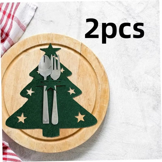 Non-Woven Fabric Cookware Pocket Cutlery Bag Organizer Table Decor Christmas Knife and Fork Holder Elk Xmas Tree