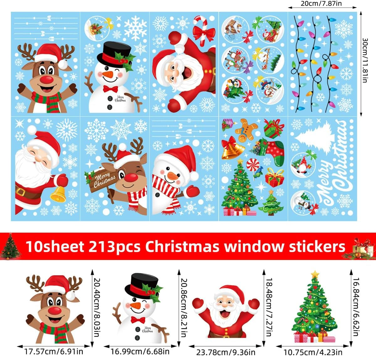 Christmas Window Stickers, 10 Sheets Santa Claus Xmas Window Clings Christmas Decorations, Reusable Snowflake Window Stickers for Christmas Window Decorations Indoor