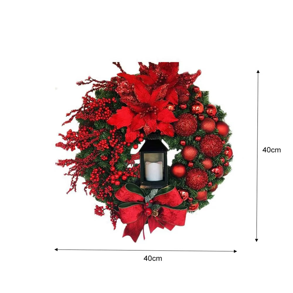 40Cm Big Red Flower Bow Ball Christmas Wreath with Oil Lamp Navidad Party Wedding Door Window Wall Fireplace Staircase Balcony