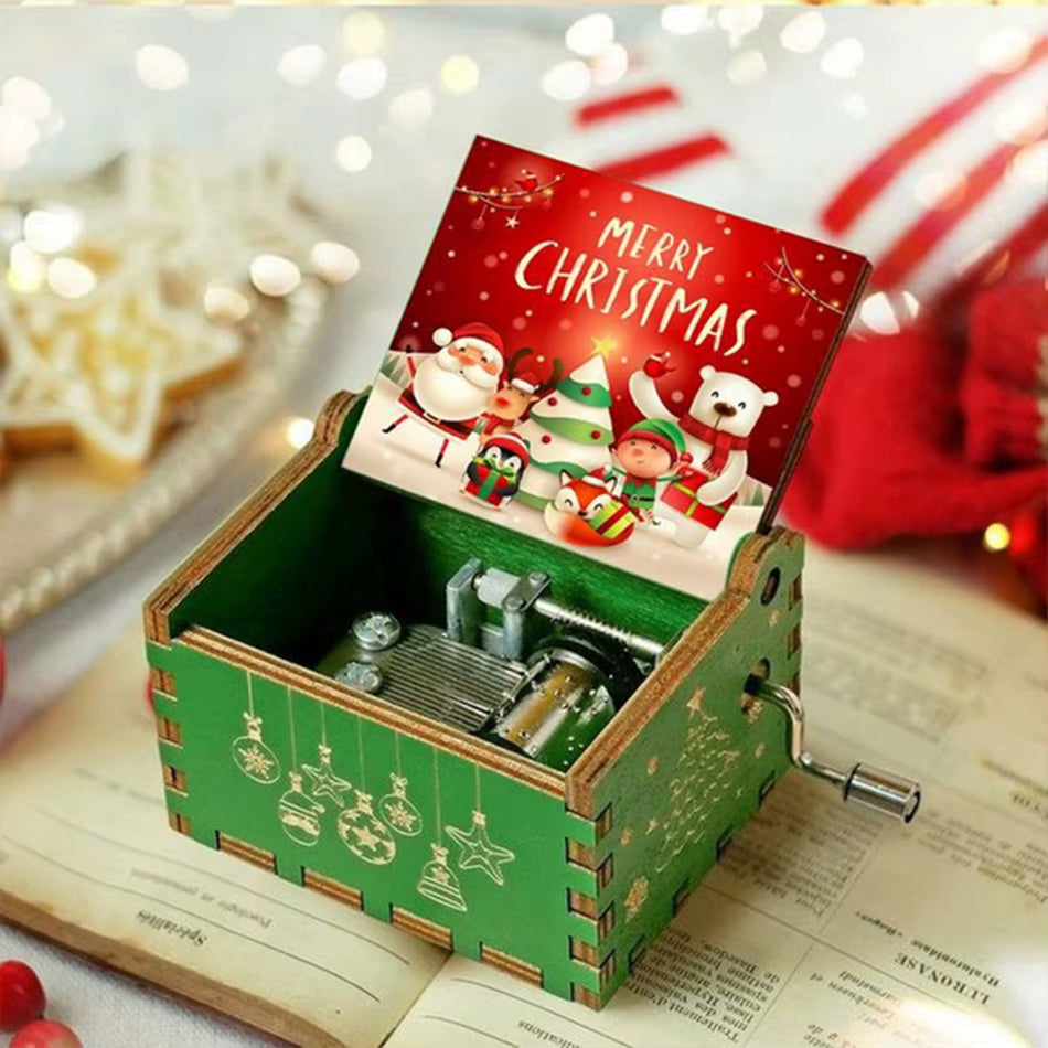 HOT Merry Christmas Music Box Wooden Antique Carved Hand Cranked Classic Theme Music for Birthday Party Gifts Family Decoration