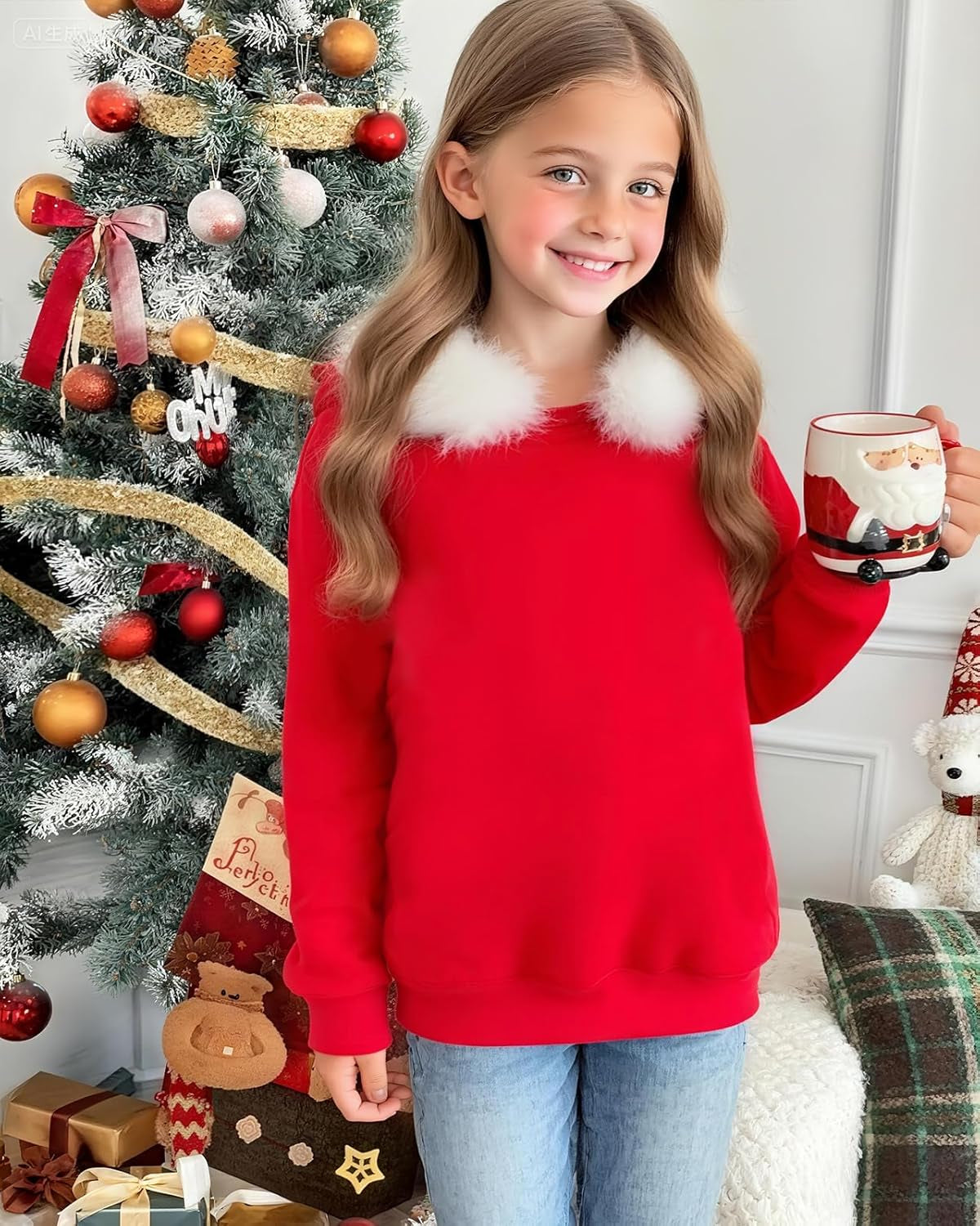 Kids Christmas Hoodie for Girls Red Hooded Sweatshirt Xmas Pullover Long Sleeve Solid Top Teen Clothes