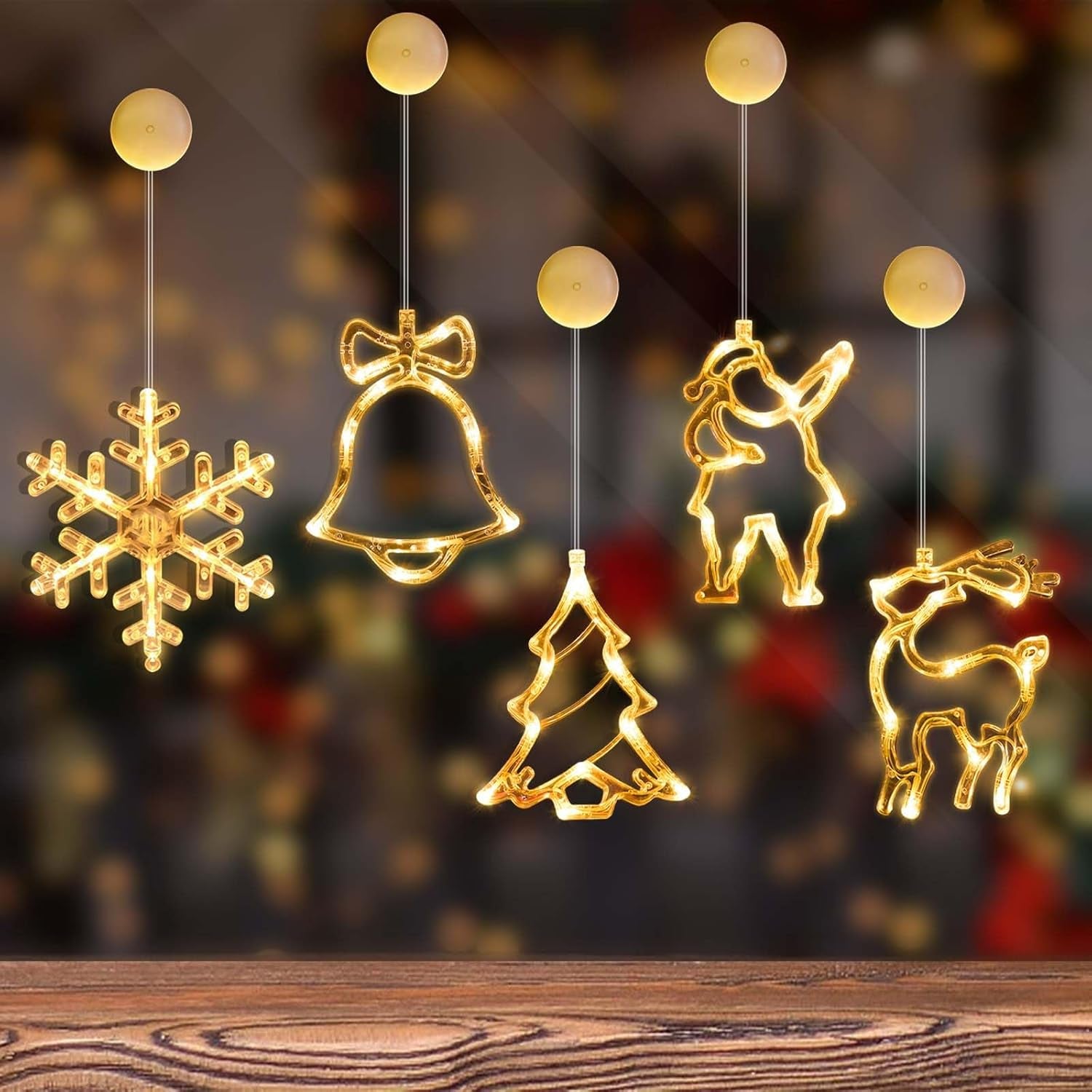5 Pcs Suction Cup Lights – LED Christmas Window Lights Decorations (Deer, Christmas Tree, Snowflakes, Bells, Santa Claus) Battery Operated, Indoor Window Fairy Lights for Party, Balcony Decor