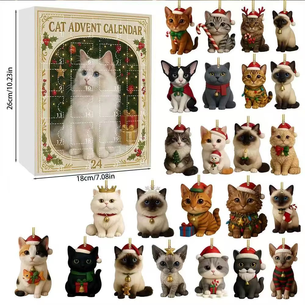 Cat Advent Calendar 2025 24 Days Christmas Countdown with 24 Different Breeds 2D Acrylic Cute Kitten Christmas Tree Ornaments