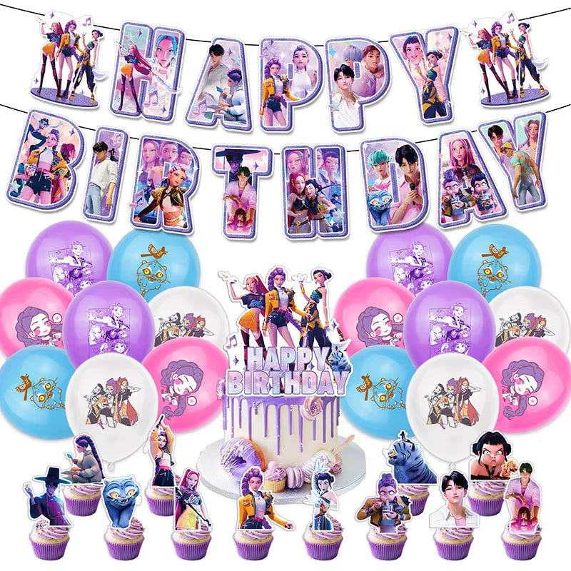 Hot Kpop Demon Birthday Party Decoration Huntrix Kpop Anime Birthday Party Supplies Hunter Group Cake Topper Balloons Decor Sets