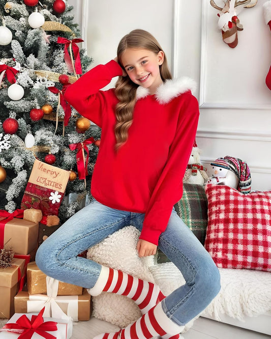 Kids Christmas Hoodie for Girls Red Hooded Sweatshirt Xmas Pullover Long Sleeve Solid Top Teen Clothes