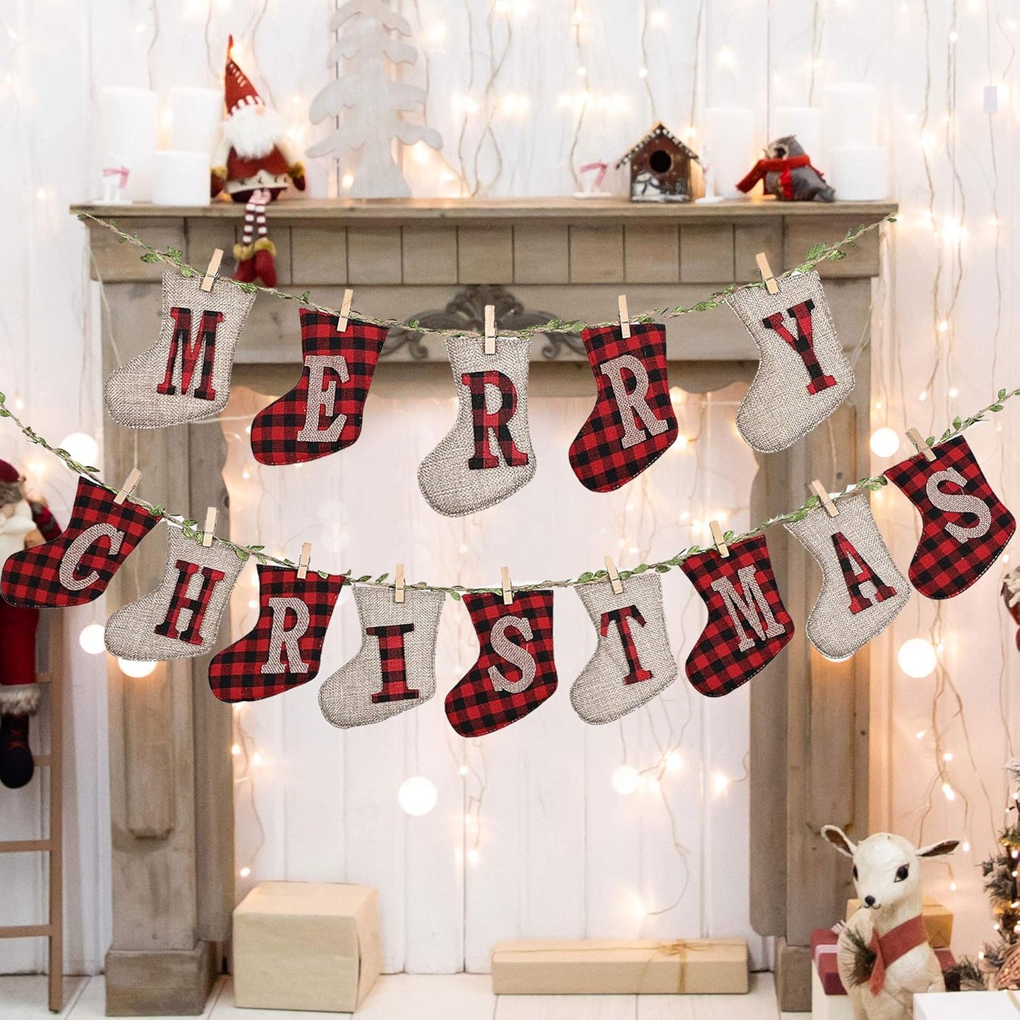 Merry Christmas Banners, Sock Shaped Burlap Banners, Red-White Plaid, 3 Meters (Length Only), 14 Pieces, Indoor/Outdoor, Christmas Party & Wall Decoration