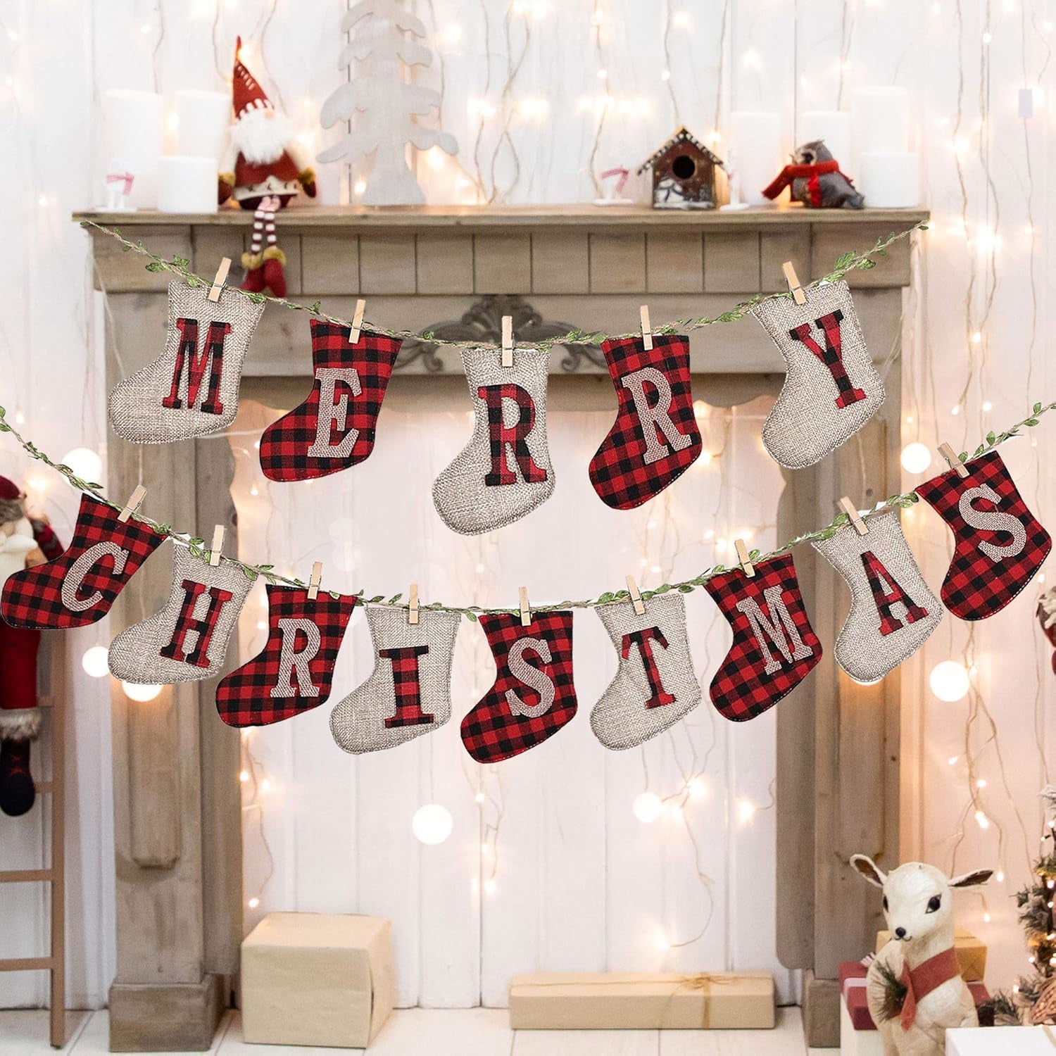 Merry Christmas Banners, Sock Shaped Burlap Banners, Red-White Plaid, 3 Meters (Length Only), 14 Pieces, Indoor/Outdoor, Christmas Party & Wall Decoration
