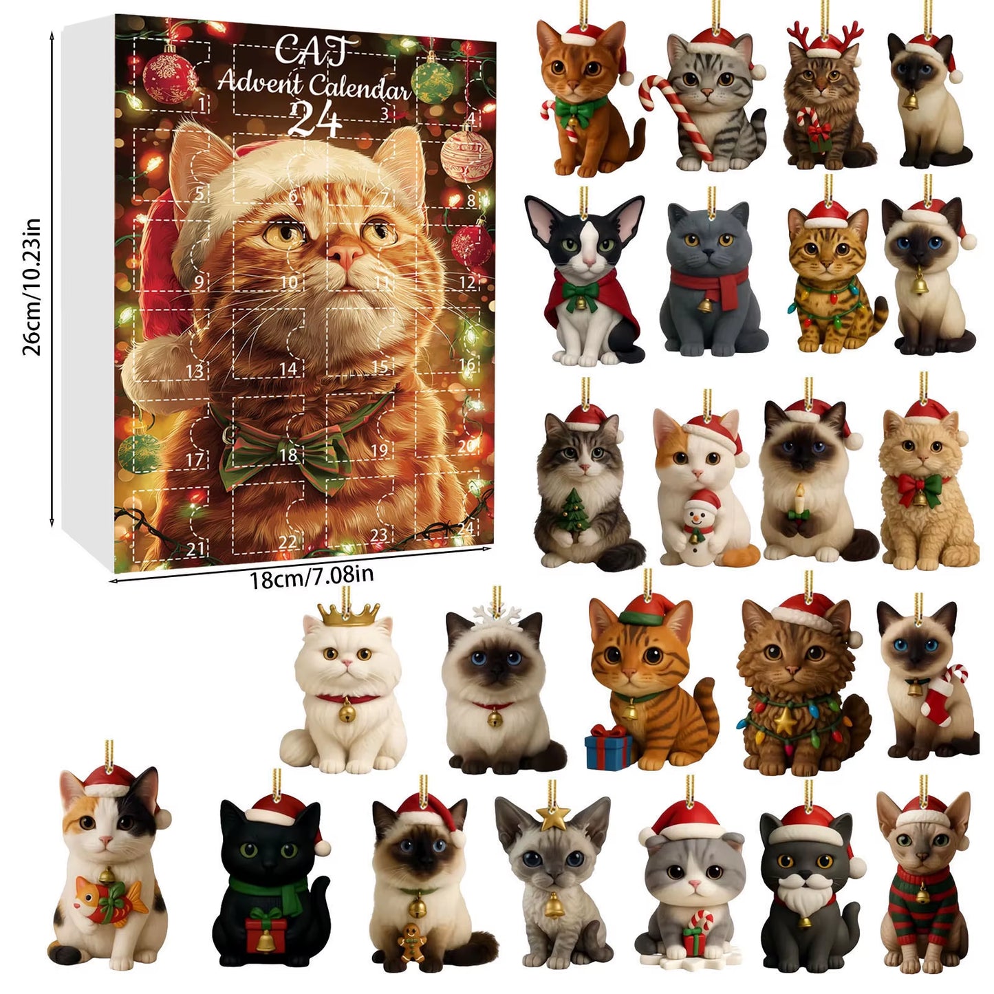 Cat Advent Calendar 2025 24 Days Christmas Countdown with 24 Different Breeds 2D Acrylic Cute Kitten Christmas Tree Ornaments