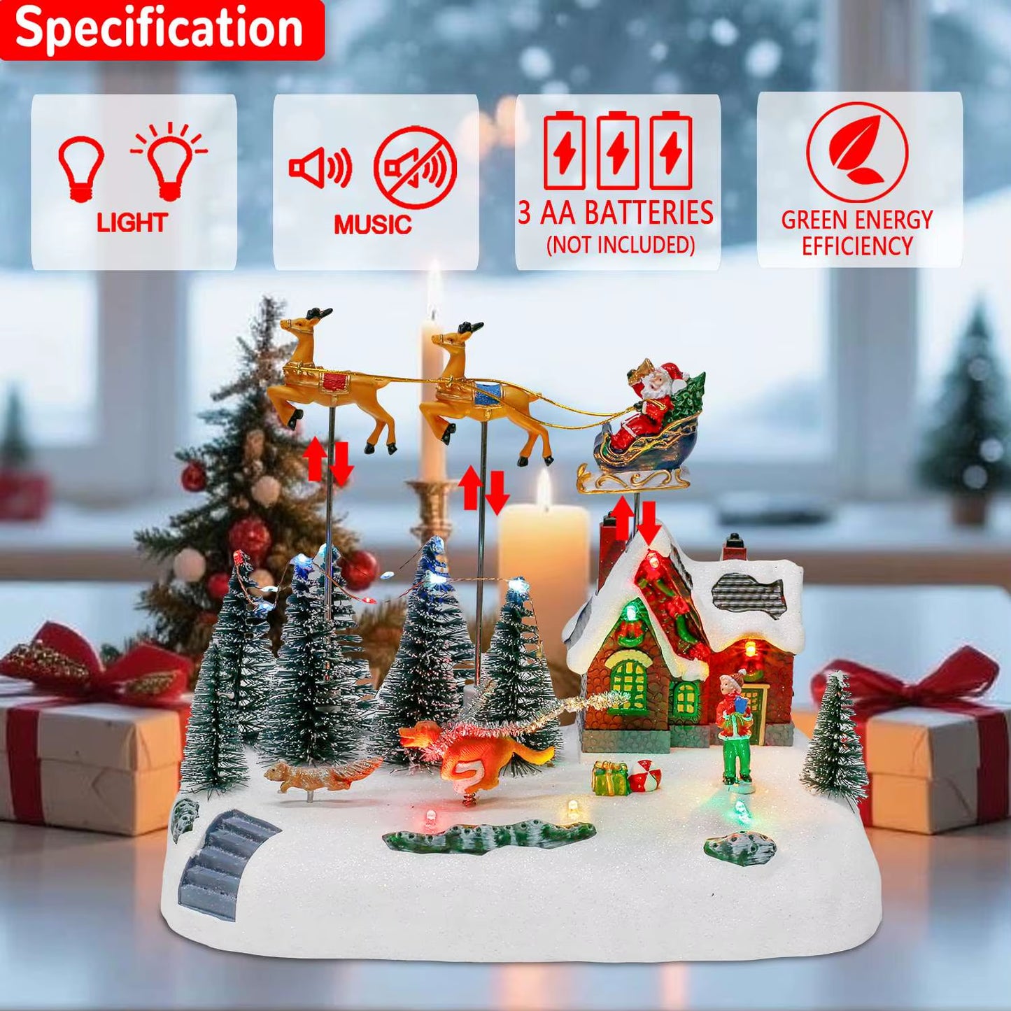 Animated Santa Sleigh Christmas Village Decoration Music Light-Up Building Accessories Snots on the Run Figurine for Indoor Use