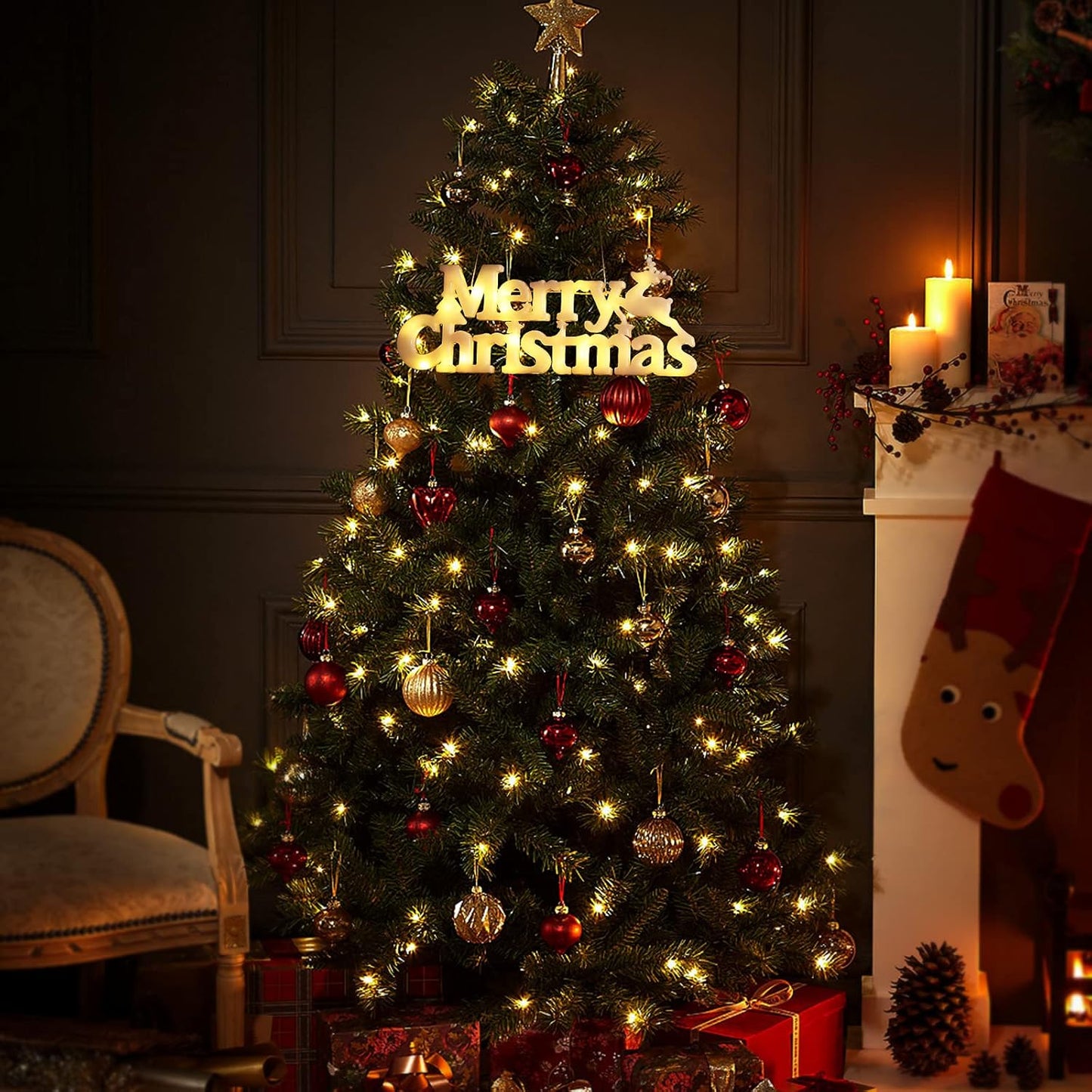 Merry Christmas Sign Lighted for Wreath LED Hanging Window Decorative Light Glowing Letter Sign Light up Board for Xmas Tree Wall Door Fireplace Indoor Outdoor, 2 Modes