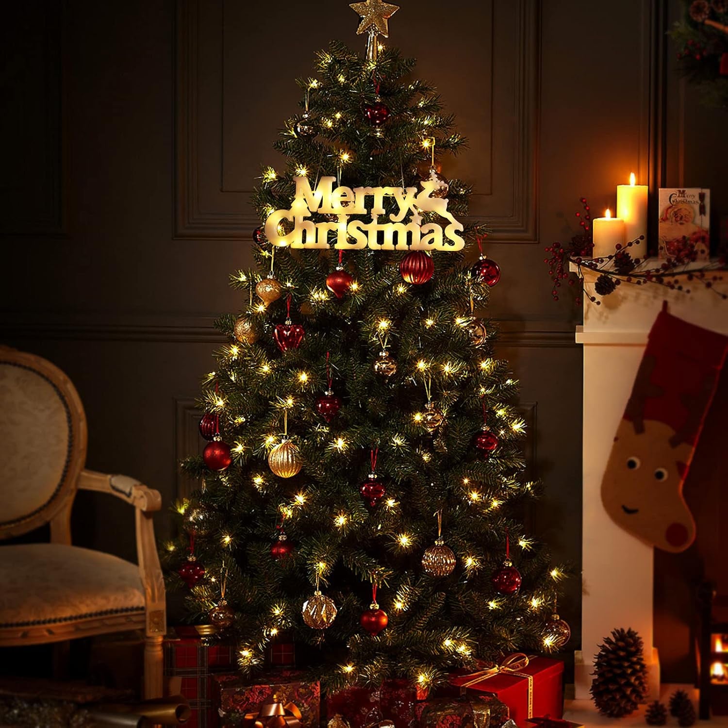 Merry Christmas Sign Lighted for Wreath LED Hanging Window Decorative Light Glowing Letter Sign Light up Board for Xmas Tree Wall Door Fireplace Indoor Outdoor, 2 Modes