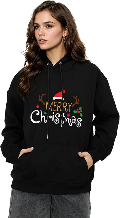 Womens Christmas Long Sleeve Pullover Hoodie Xmas Printed Sizes 8-22