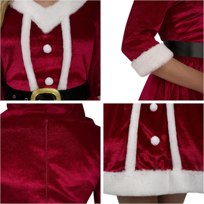 Mrs Claus Santa Christmas Costume for Women, Christmas Santa Adult Dress Set with Hooded Dress, Belt