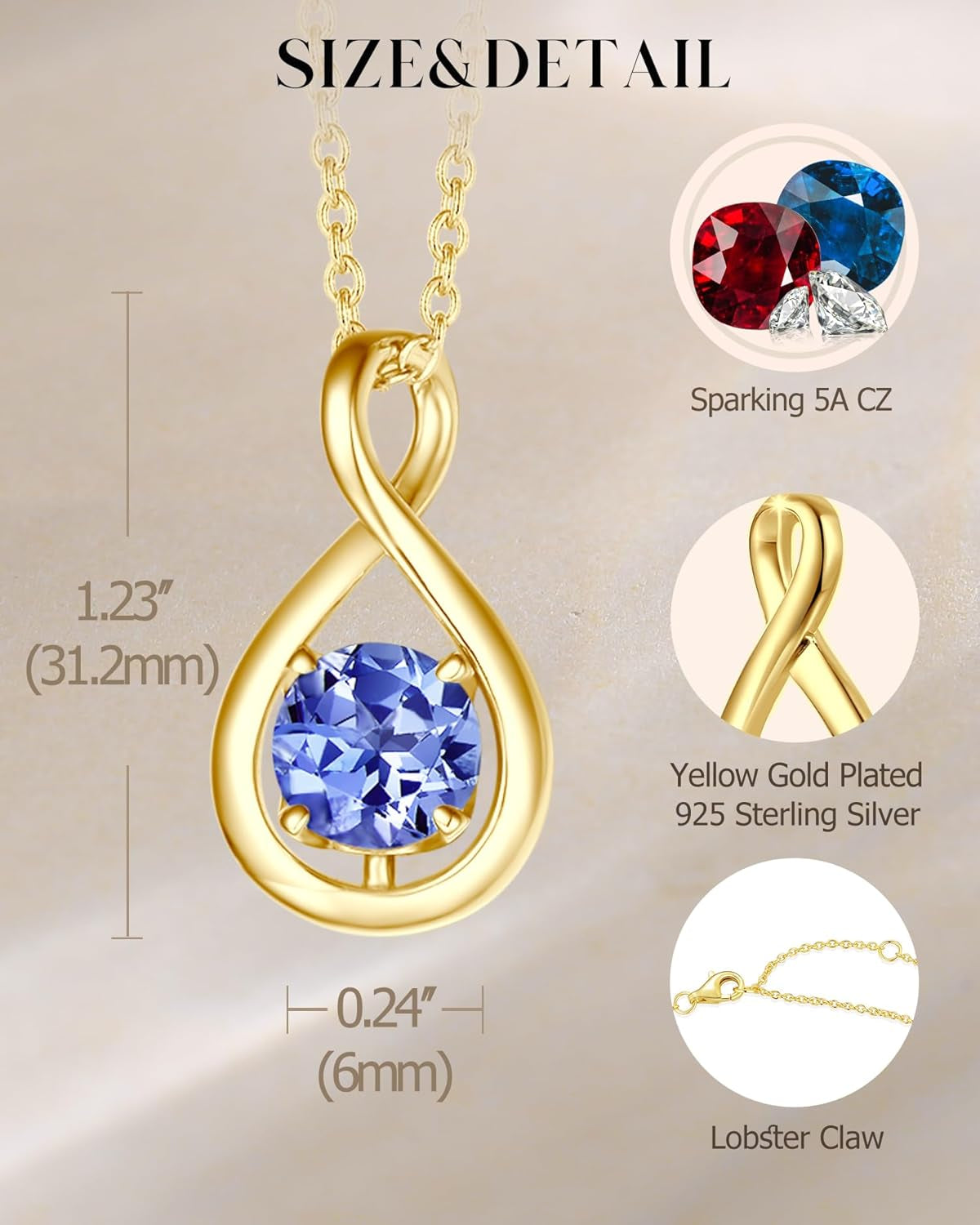 Birthstone Necklaces for Women Fine Jewellery Sterling Silver Yellow Gold Plated Dainty Infinity Pendant Anniversary Birthday Gifts for Her Wife Mom Lady, Chain 40+5Cm