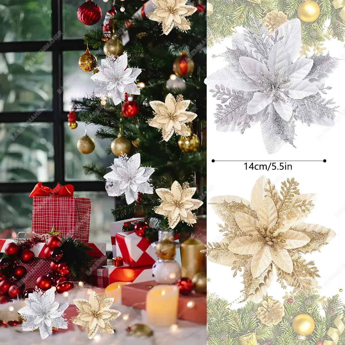 100-1Pcs 14.5Cm Artificial Christmas Flowers Christmas Tree Decorations Happy New Year Decorations Christmas Fake Flowers