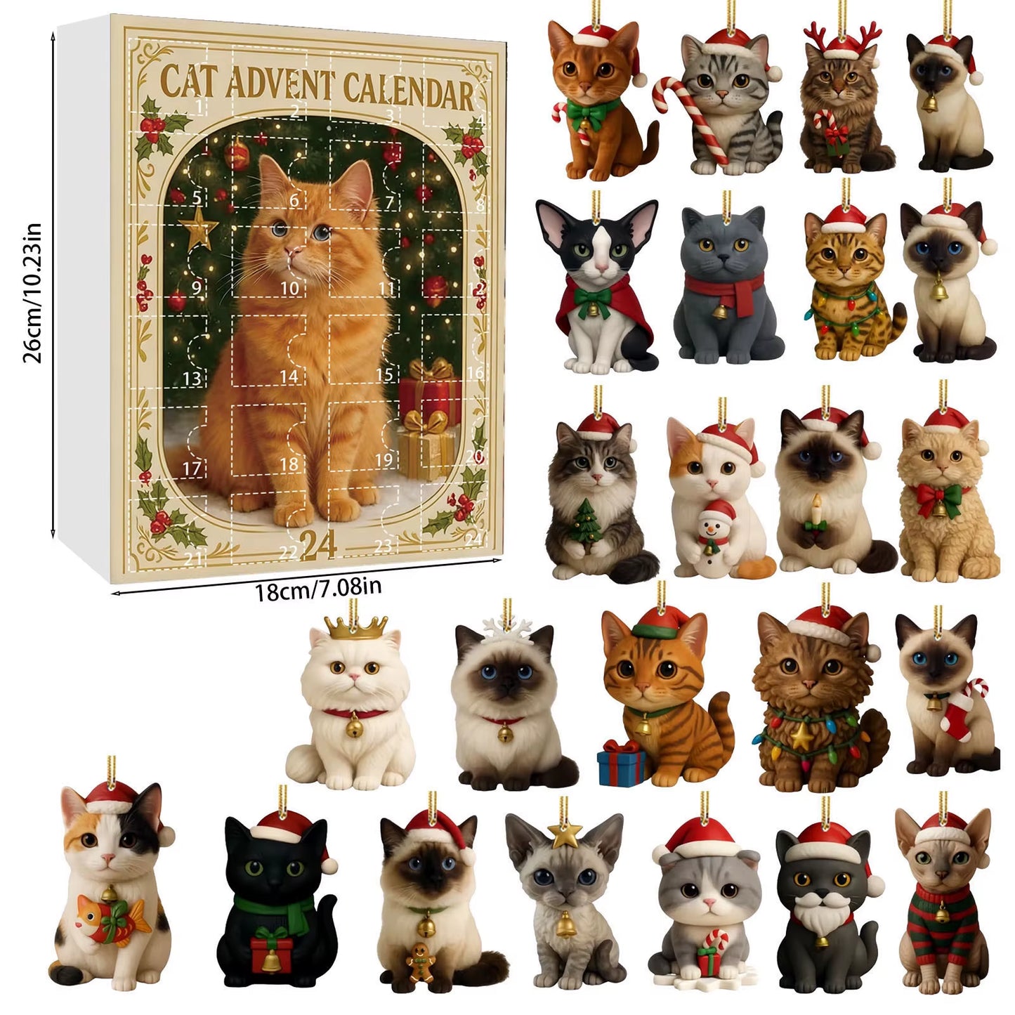 Cat Advent Calendar 2025 24 Days Christmas Countdown with 24 Different Breeds 2D Acrylic Cute Kitten Christmas Tree Ornaments
