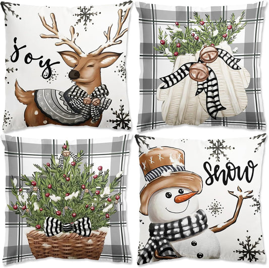 Christmas Cushion Covers - Christmas Decorations Pillow Cases 45 X 45Cm Set of 4 Grey and White Throw Pillow Cover, Snowflake Stag Cushions Xmas Cushion Covers for Home Sofa Living Room Decorations