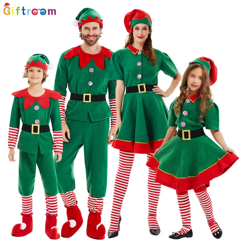 2025Christmas Elf Costumes, Santa Claus Costume Sets Green Elves Halloween Cosplay
