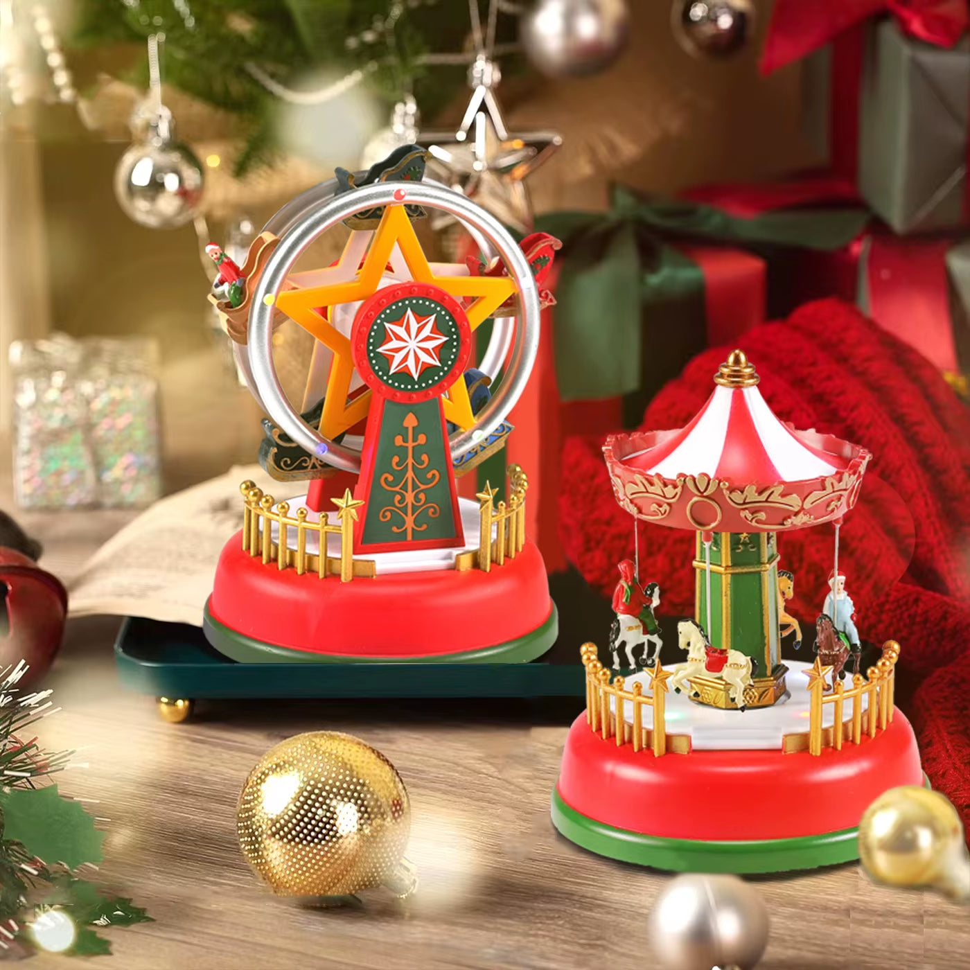 LED Christmas Carousel Decoration Music Box with Lights Holiday Village Scene Ornament Tabletop Home Party Xmas Gift