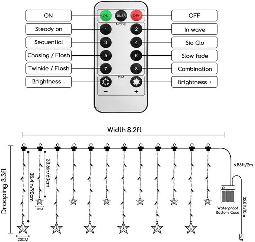 Christmas LED Stars Curtain Lights,12 Stars 138 Window Curtain String Lights with 8 Flashing Modes Decoration for Wedding, Party,Wall, Home Decorations,Usb/Battery Powered (Warm White)