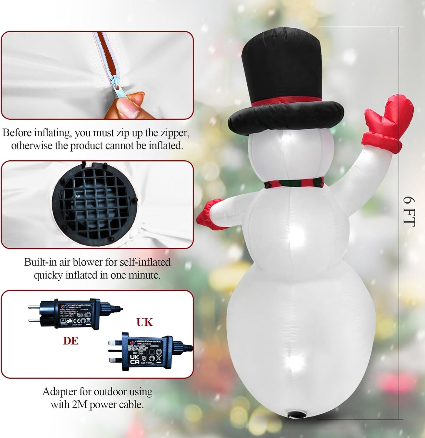 Inflatable Snowman 6Ft, Outdoor Christmas Decoration with Warm White LED Lights, Blow up Snowman for Garden, Yard, Party Indoor & Outdoor Use