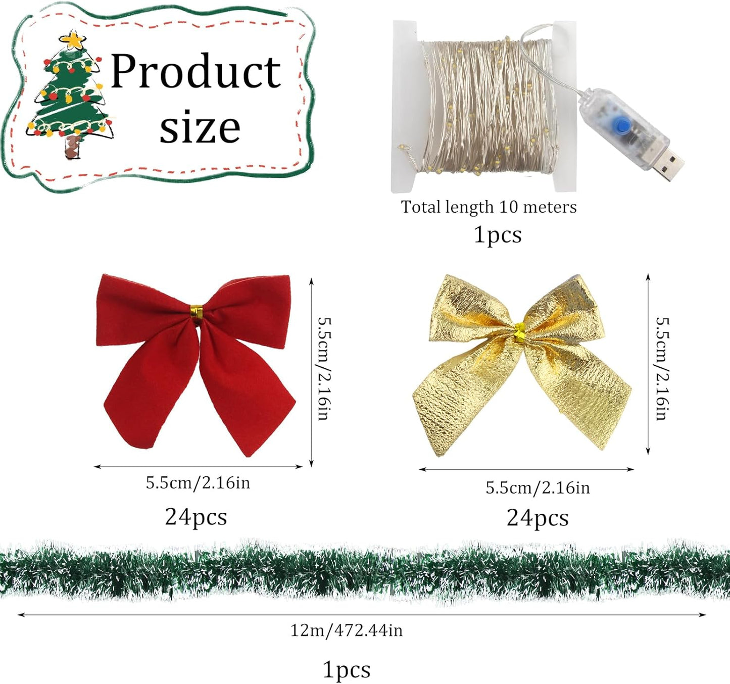 39 Feet Christmas Tinsel Garlands Decoration Christmas Tree Tinsel with 24 Red Bows, 24 Gold Bows and String Lights - Xmas Tinsel Garland for Festive Decor, Indoor and Outdoor Use