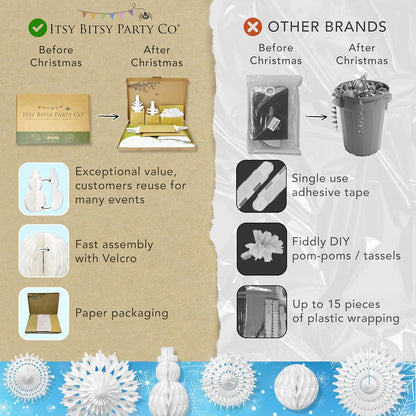 Premium Reusable Paper Christmas Decorations - White Christmas Decorations with Velcro Fasteners - Honeycomb Paper Snowflakes, Snowmen, Snowballs, and Snowflake Garlands - Winter Wonderland Decor