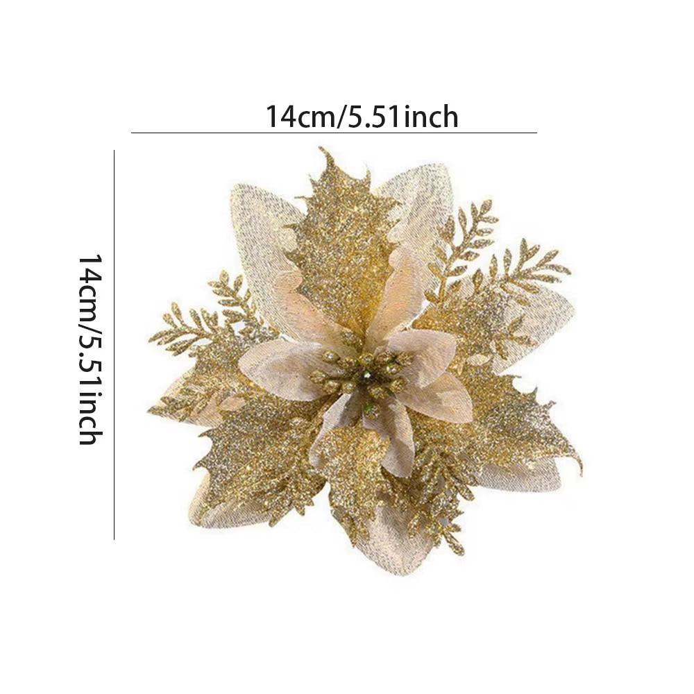 5/10Pcs 14.5Cm Christmas Flower Ornaments,Pink,Red,Gold,Glitter Artifical Flowers for Christmas Tree,Xmas Decoration for Home