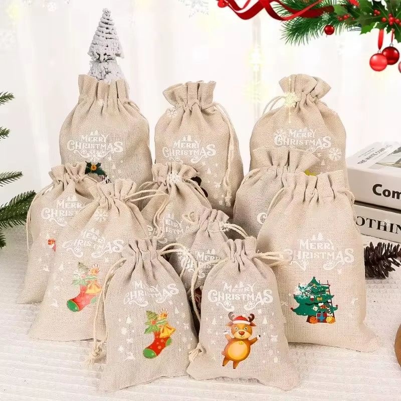 30/1Pcs Christmas Drawstring Bag Santa Claus Snowman Linen Candy Gift Packaging Bags Xmas Favor Bracelet Jewelry Storage Pouch