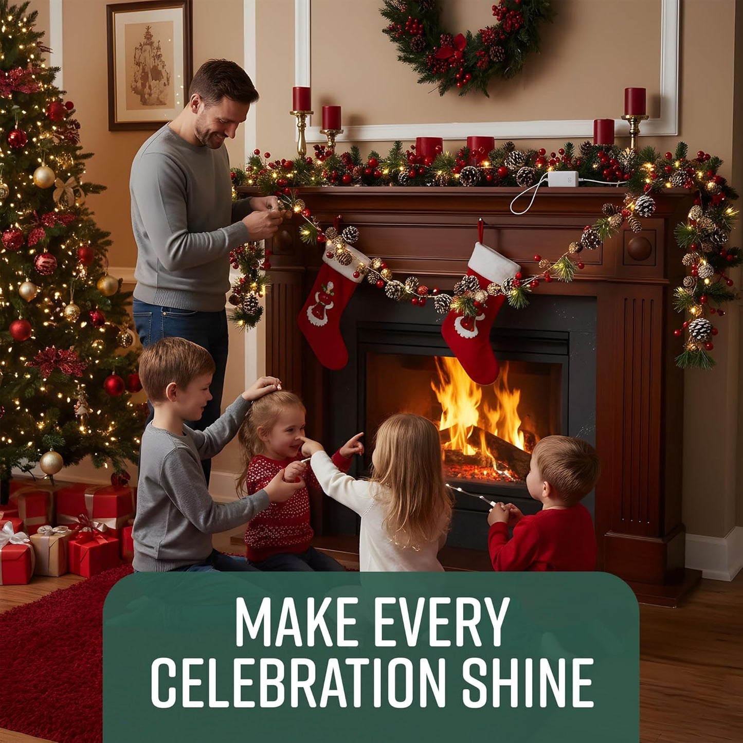 2M Christmas Garland with 20 LED Lights – Pre-Lit Decoration for Fireplace, Stairs, and Indoor Home Décor – Xmas Garland for Christmas Decorations