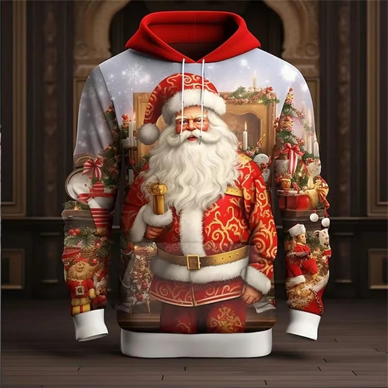 3D Print Funny Santa Claus Graphic Pullover Hoodies for Men Casual Christmas Oversized Hoodie Clothes Mens Xmas Tracksuit