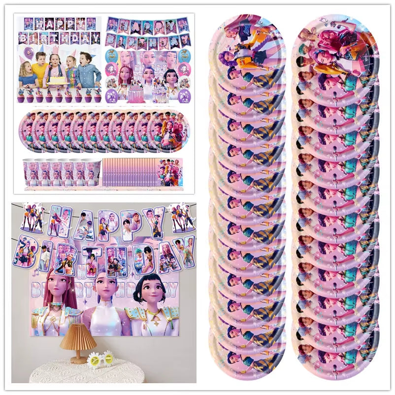 Hot Kpop Demon Birthday Party Decoration Huntrix Kpop Anime Birthday Party Supplies Hunter Group Cake Topper Balloons Decor Sets