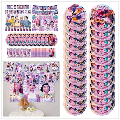 Hot Kpop Demon Birthday Party Decoration Huntrix Kpop Anime Birthday Party Supplies Hunter Group Cake Topper Balloons Decor Sets