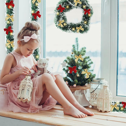 39 Feet Christmas Tinsel Garlands Decoration Christmas Tree Tinsel with 24 Red Bows, 24 Gold Bows and String Lights - Xmas Tinsel Garland for Festive Decor, Indoor and Outdoor Use