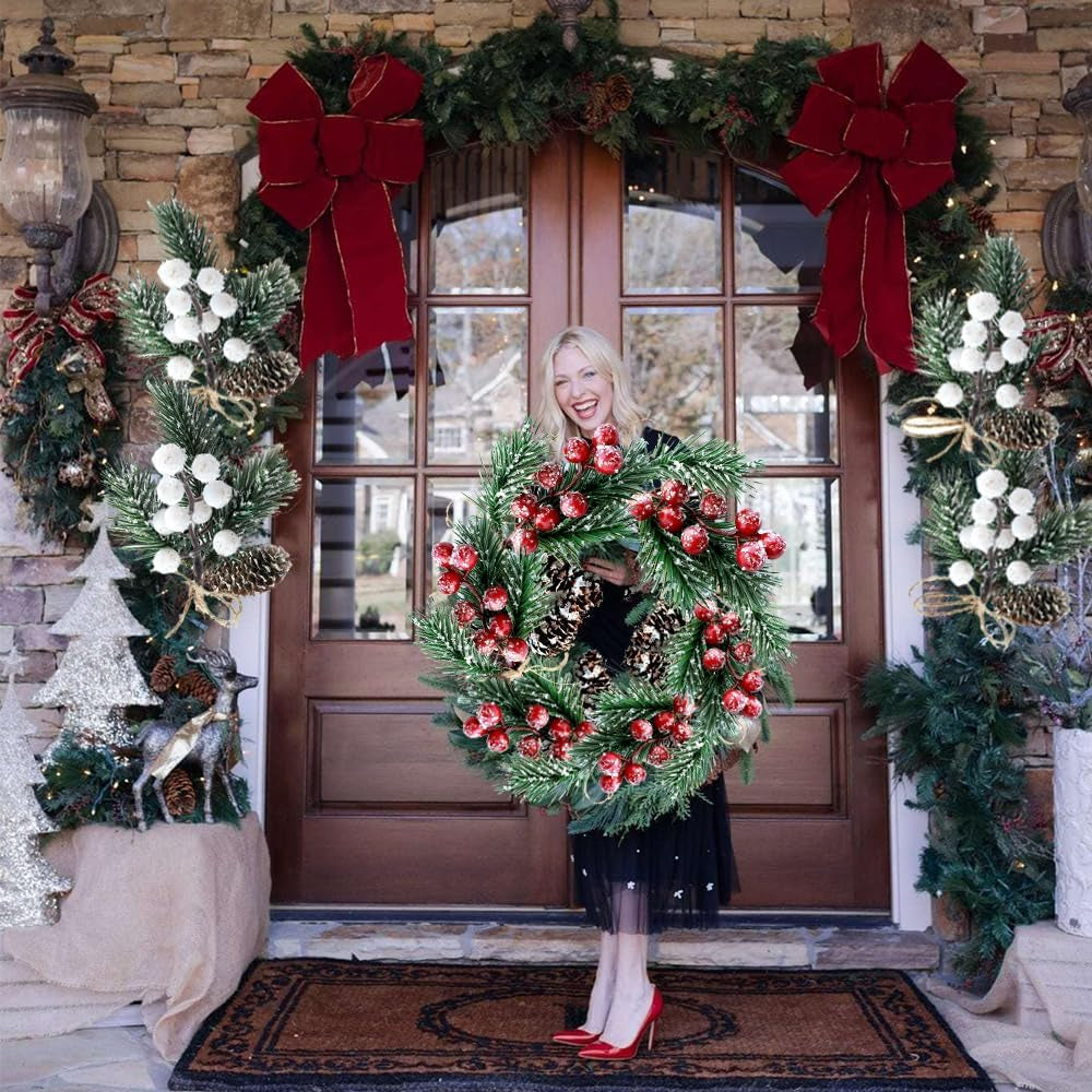 10 Pcs Christmas Picks and Sprays,Artificial Holly Stem and Red Berry,Pine Cones and Pine Branches,Red Berries Christmas Decorations,Greenery Tree Picks for Birthday Wedding Decor