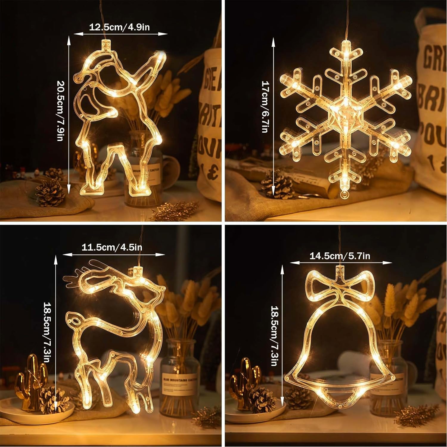 5 Pcs Suction Cup Lights – LED Christmas Window Lights Decorations (Deer, Christmas Tree, Snowflakes, Bells, Santa Claus) Battery Operated, Indoor Window Fairy Lights for Party, Balcony Decor
