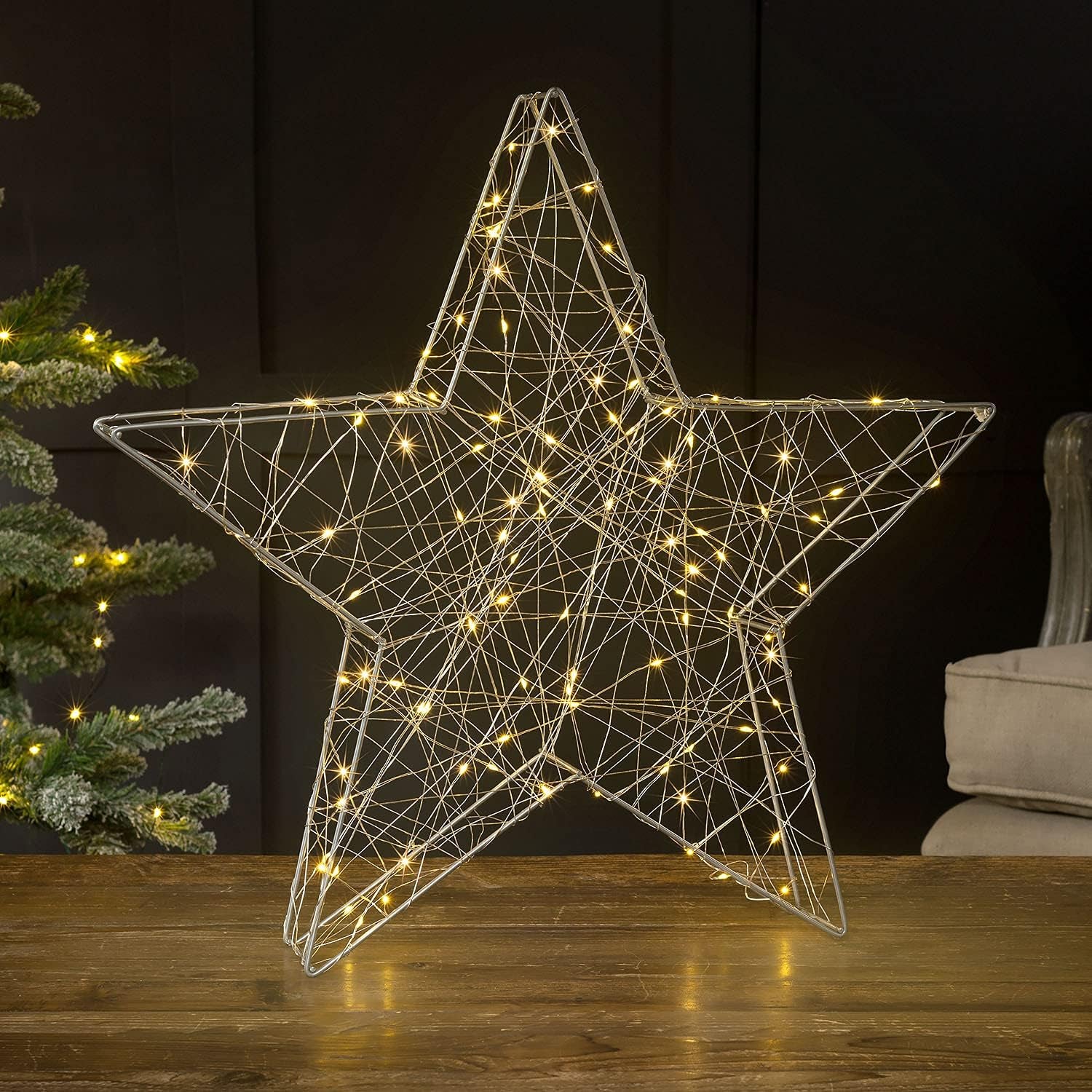 Christmas Star Decoration, 50Cm Warm White Micro LED Light, Indoor Mantelpiece Window Sill Table Ornament, Battery Operated with Timer