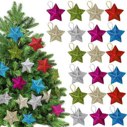 120/6Pcs Glitter Star Ornaments Christmas Tree Hanging Pentagram Pendant for Home Navidad New Year Party DIY Five-Pointed Stars