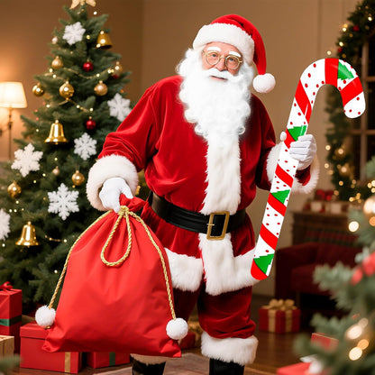 8Pcs Santa Claus Costume Accessories, Christmas Dress up Kit with Santa Hat Beard Wig Gloves Glasses Inflatable Candy Cane and Present Bag for Festive Family Gatherings Xmas Party