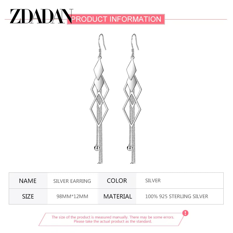 925 Sterling Silver Geometric Long Tassel Drop Earrings for Women Wedding Jewelry