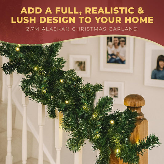 Christmas Garland with Lights 2.7M / 9FT – Pre-Lit Christmas Decoration with 70 Warm White Leds – Extra Thick Artificial Green Garland for Fireplace, Stairs, Doors & Table Décor (With Lights, 2.7M)