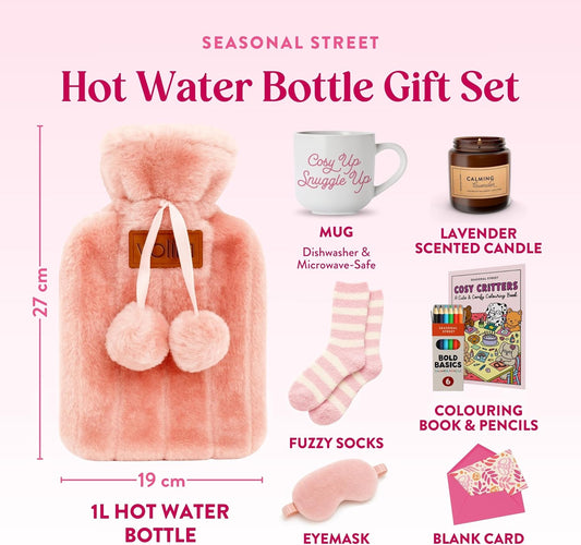 Hot Water Bottle Gift Set - Christmas Presents for Women, Includes Pink 1L Hot Water Bottle with Socks, Mug, Candle, Eye Mask, and Colouring Book with Pencil - Gifts for Women