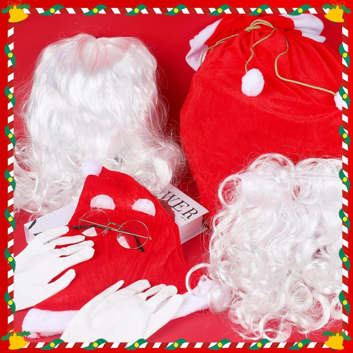 8Pcs Santa Claus Costume Accessories, Christmas Dress up Kit with Santa Hat Beard Wig Gloves Glasses Inflatable Candy Cane and Present Bag for Festive Family Gatherings Xmas Party