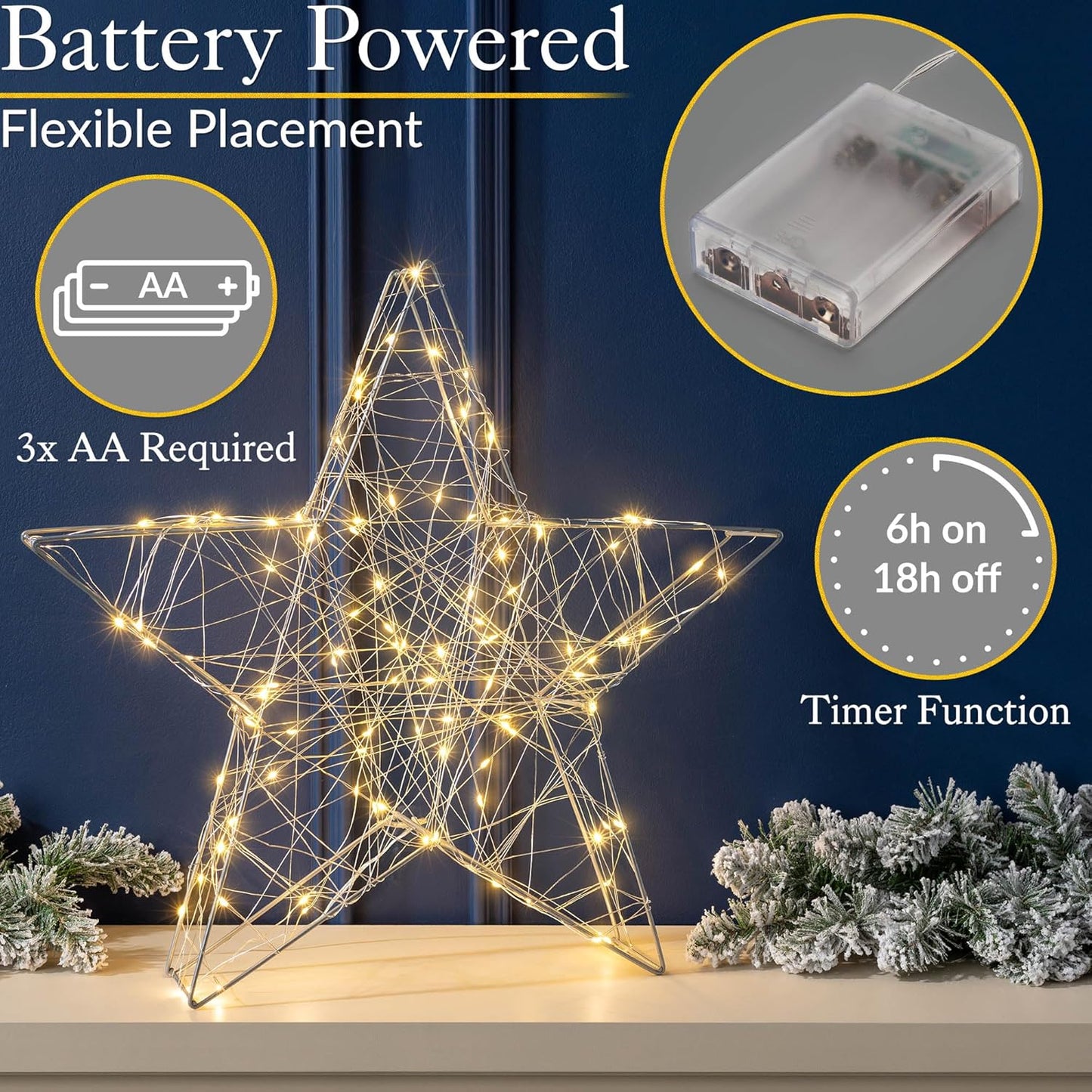 Christmas Star Decoration, 50Cm Warm White Micro LED Light, Indoor Mantelpiece Window Sill Table Ornament, Battery Operated with Timer