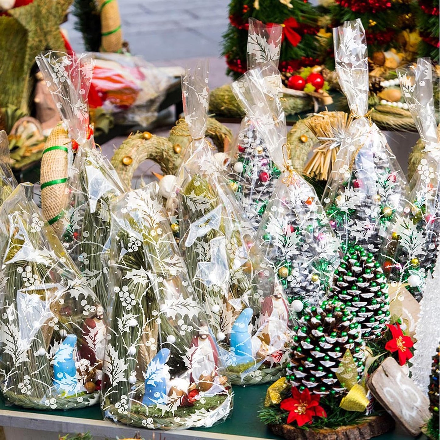 5M White Holly Christmas Hamper Cellophane Wrap, 80Cm Wide Clear Gift Cellophane Wrapping Paper,Eco-Firendly Large Cellophane Christmas Gifts Wrapping for Hampers