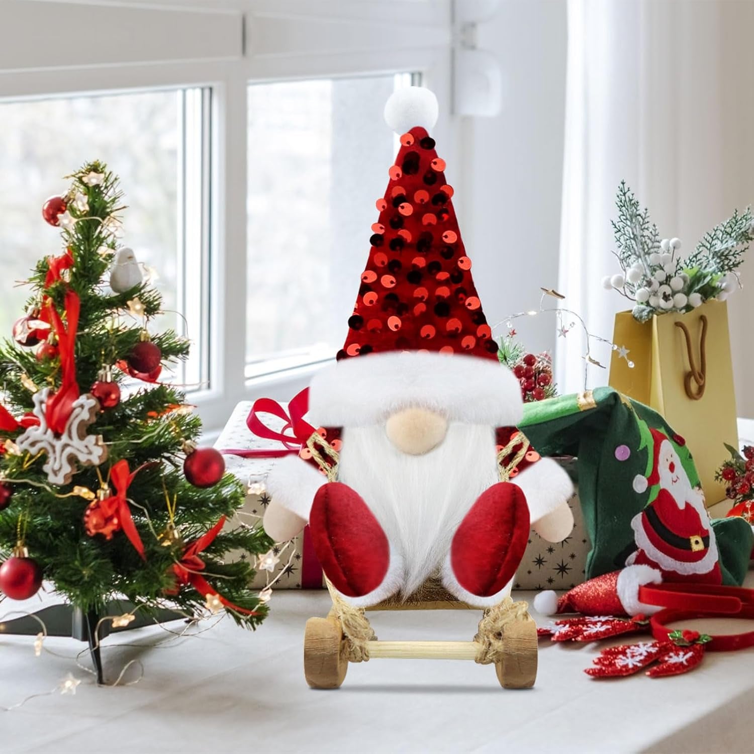 Set of 3 Red Christmas Gonk Decorations Mini Gnome with Sled Handmade Xmas Decor for Home Kitchen Farmhouse