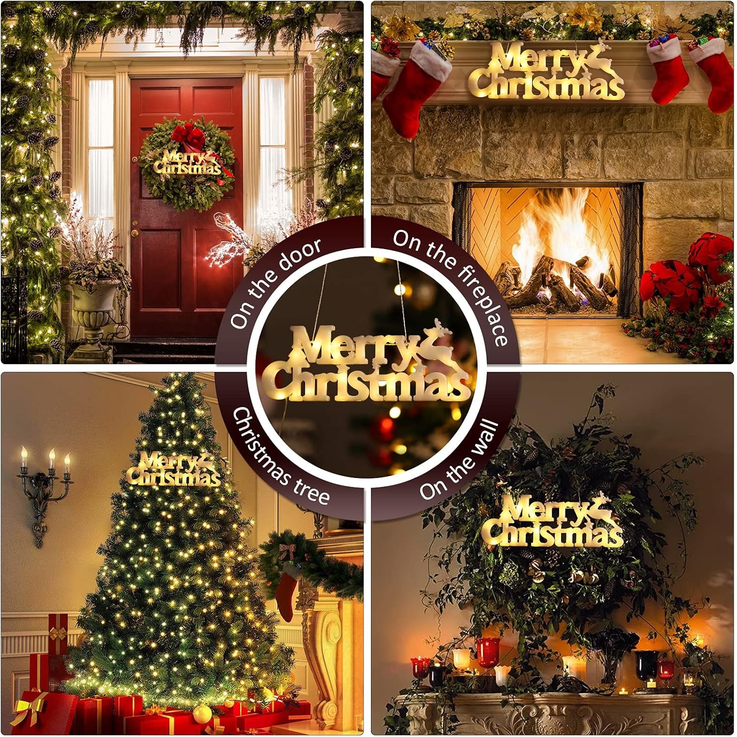 Merry Christmas Sign Lighted for Wreath LED Hanging Window Decorative Light Glowing Letter Sign Light up Board for Xmas Tree Wall Door Fireplace Indoor Outdoor, 2 Modes