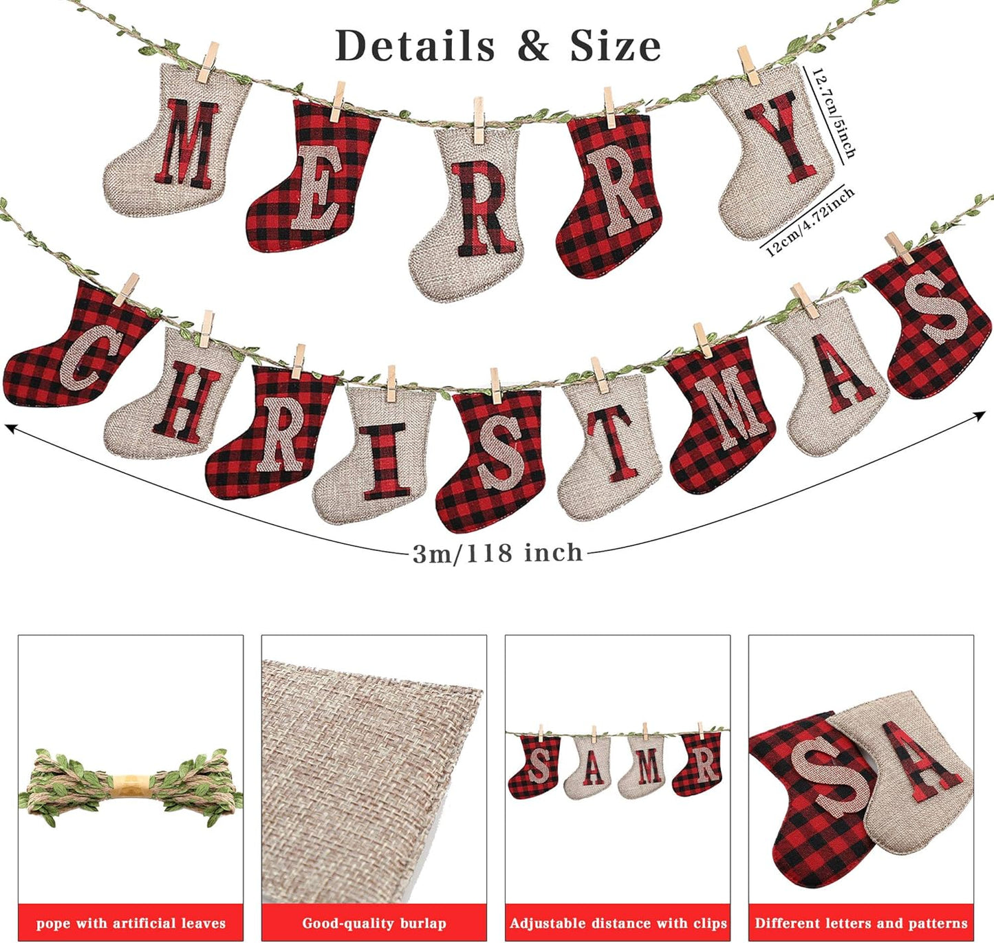 Merry Christmas Banners, Sock Shaped Burlap Banners, Red-White Plaid, 3 Meters (Length Only), 14 Pieces, Indoor/Outdoor, Christmas Party & Wall Decoration