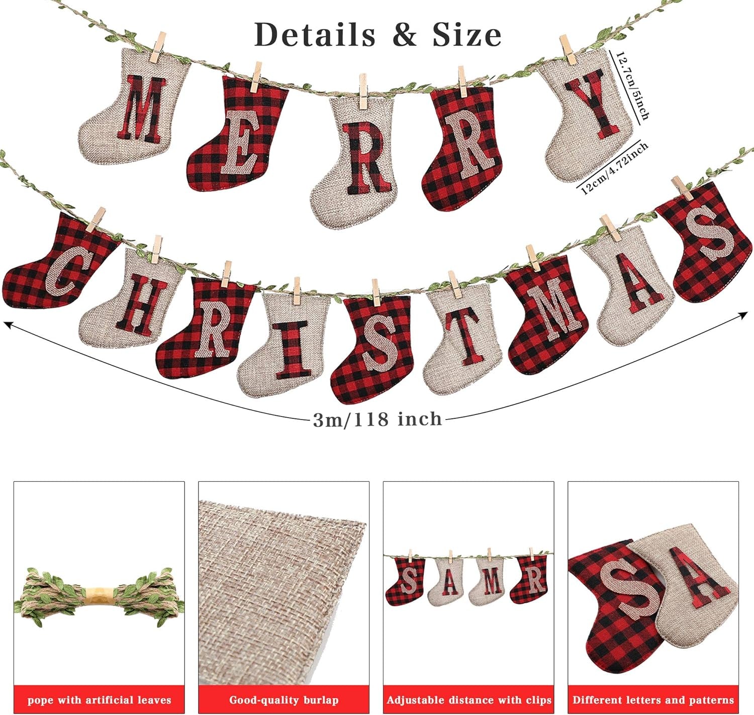 Merry Christmas Banners, Sock Shaped Burlap Banners, Red-White Plaid, 3 Meters (Length Only), 14 Pieces, Indoor/Outdoor, Christmas Party & Wall Decoration